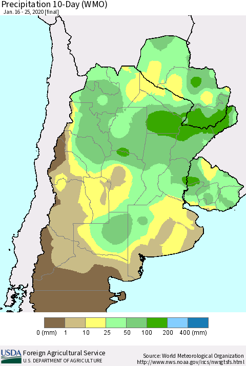 Southern South America Precipitation 10-Day (WMO) Thematic Map For 1/16/2020 - 1/25/2020