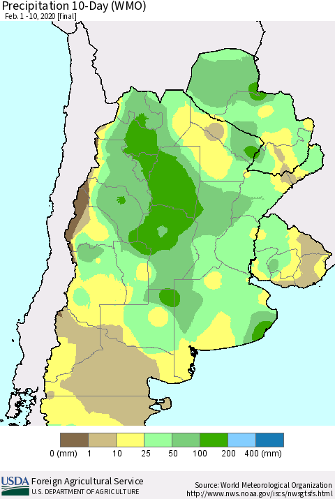 Southern South America Precipitation 10-Day (WMO) Thematic Map For 2/1/2020 - 2/10/2020