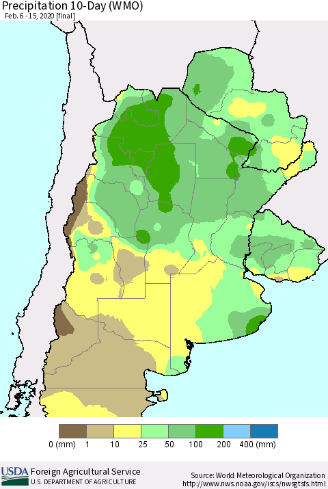 Southern South America Precipitation 10-Day (WMO) Thematic Map For 2/6/2020 - 2/15/2020