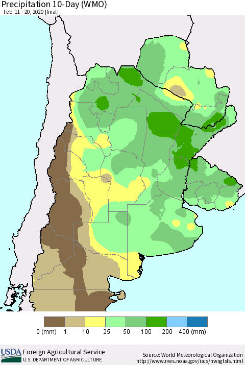 Southern South America Precipitation 10-Day (WMO) Thematic Map For 2/11/2020 - 2/20/2020