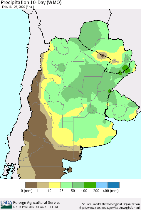 Southern South America Precipitation 10-Day (WMO) Thematic Map For 2/16/2020 - 2/25/2020