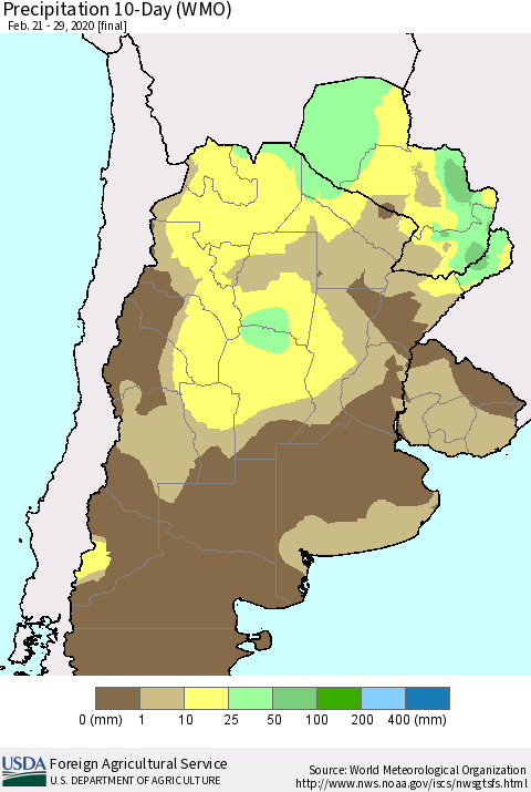 Southern South America Precipitation 10-Day (WMO) Thematic Map For 2/21/2020 - 2/29/2020
