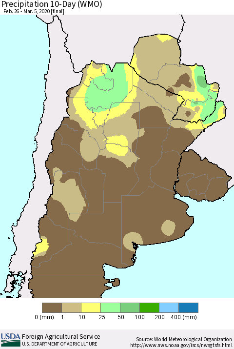 Southern South America Precipitation 10-Day (WMO) Thematic Map For 2/26/2020 - 3/5/2020