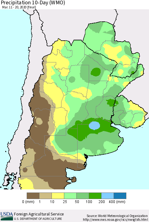 Southern South America Precipitation 10-Day (WMO) Thematic Map For 3/11/2020 - 3/20/2020