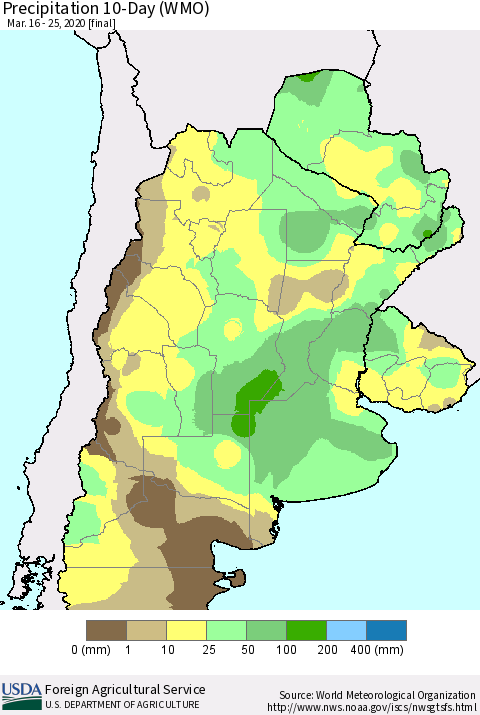 Southern South America Precipitation 10-Day (WMO) Thematic Map For 3/16/2020 - 3/25/2020