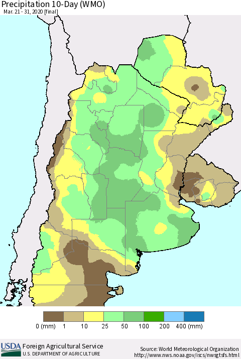 Southern South America Precipitation 10-Day (WMO) Thematic Map For 3/21/2020 - 3/31/2020