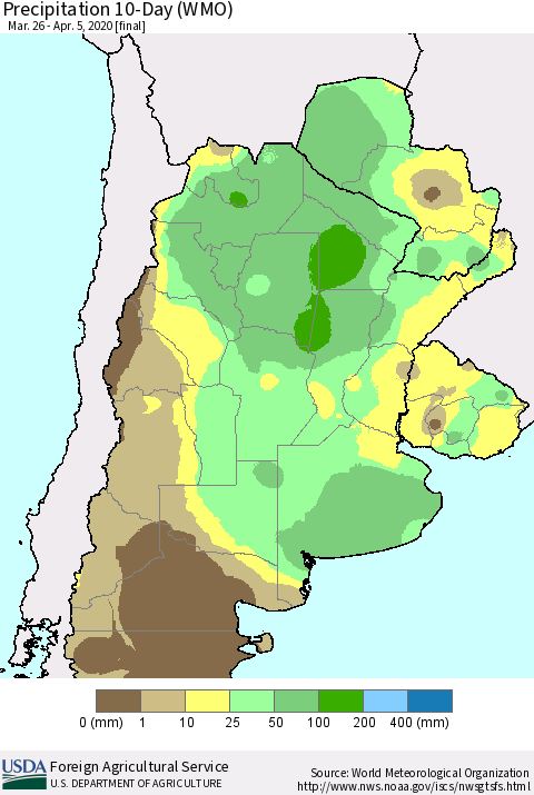 Southern South America Precipitation 10-Day (WMO) Thematic Map For 3/26/2020 - 4/5/2020