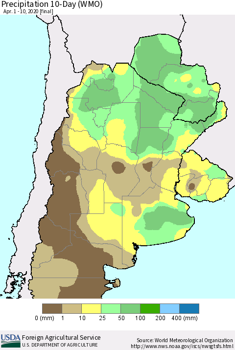 Southern South America Precipitation 10-Day (WMO) Thematic Map For 4/1/2020 - 4/10/2020