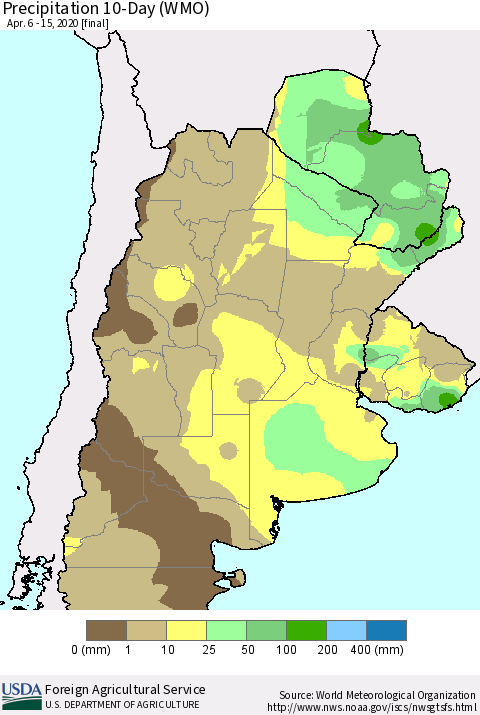 Southern South America Precipitation 10-Day (WMO) Thematic Map For 4/6/2020 - 4/15/2020