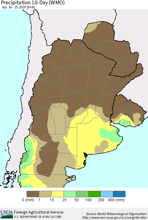 Southern South America Precipitation 10-Day (WMO) Thematic Map For 4/16/2020 - 4/25/2020