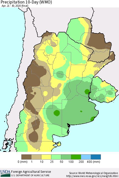 Southern South America Precipitation 10-Day (WMO) Thematic Map For 4/21/2020 - 4/30/2020