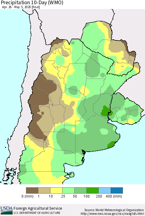 Southern South America Precipitation 10-Day (WMO) Thematic Map For 4/26/2020 - 5/5/2020