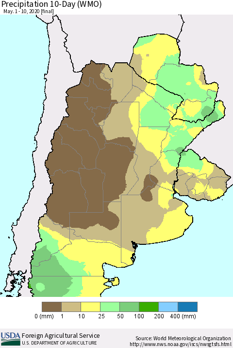 Southern South America Precipitation 10-Day (WMO) Thematic Map For 5/1/2020 - 5/10/2020