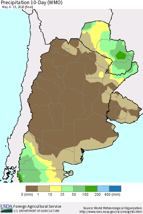 Southern South America Precipitation 10-Day (WMO) Thematic Map For 5/6/2020 - 5/15/2020