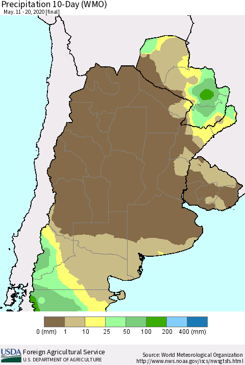 Southern South America Precipitation 10-Day (WMO) Thematic Map For 5/11/2020 - 5/20/2020