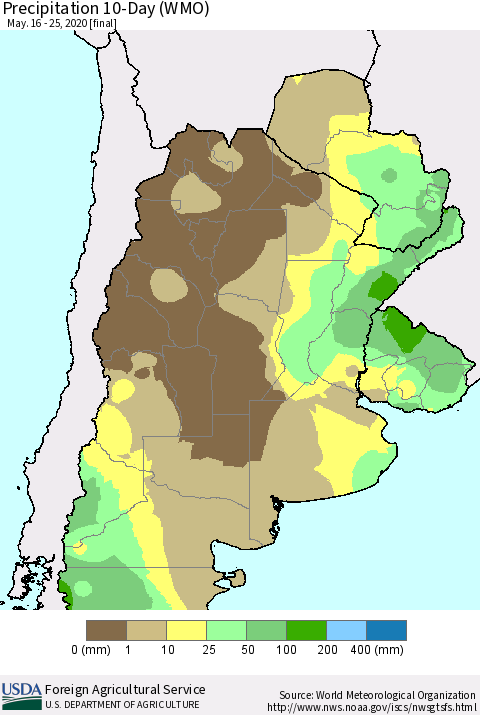 Southern South America Precipitation 10-Day (WMO) Thematic Map For 5/16/2020 - 5/25/2020