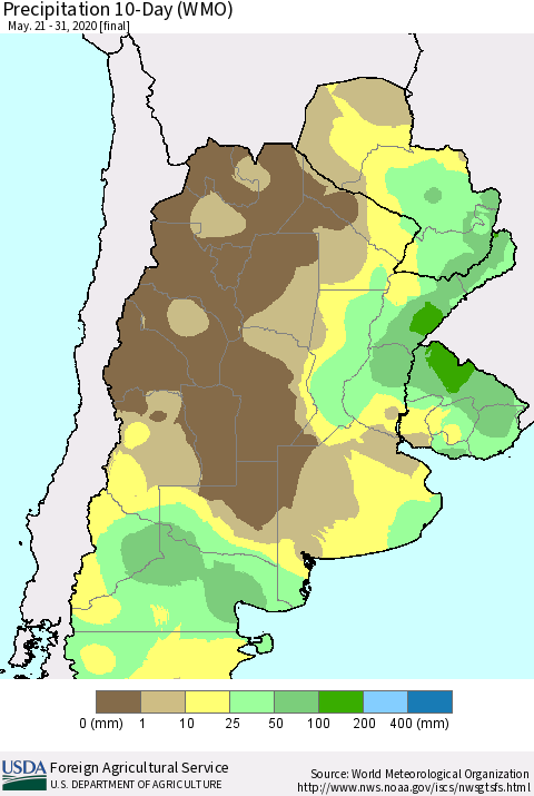 Southern South America Precipitation 10-Day (WMO) Thematic Map For 5/21/2020 - 5/31/2020