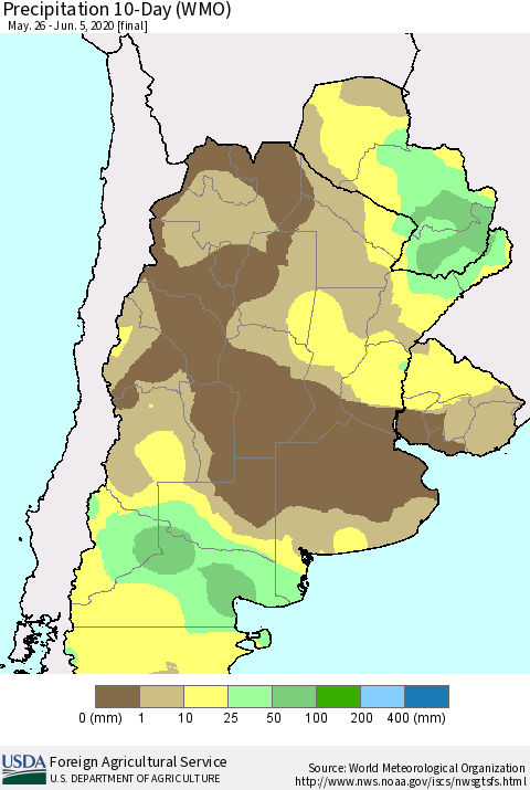 Southern South America Precipitation 10-Day (WMO) Thematic Map For 5/26/2020 - 6/5/2020