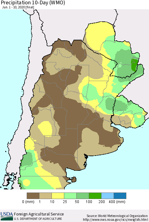 Southern South America Precipitation 10-Day (WMO) Thematic Map For 6/1/2020 - 6/10/2020