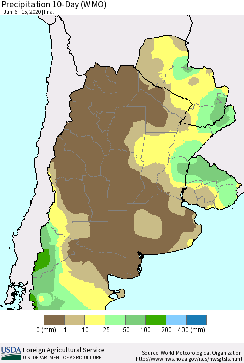 Southern South America Precipitation 10-Day (WMO) Thematic Map For 6/6/2020 - 6/15/2020