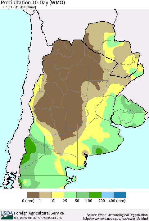 Southern South America Precipitation 10-Day (WMO) Thematic Map For 6/11/2020 - 6/20/2020
