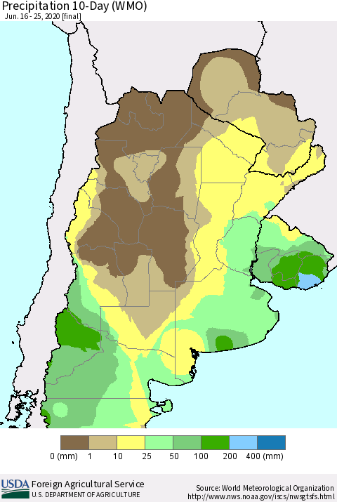 Southern South America Precipitation 10-Day (WMO) Thematic Map For 6/16/2020 - 6/25/2020