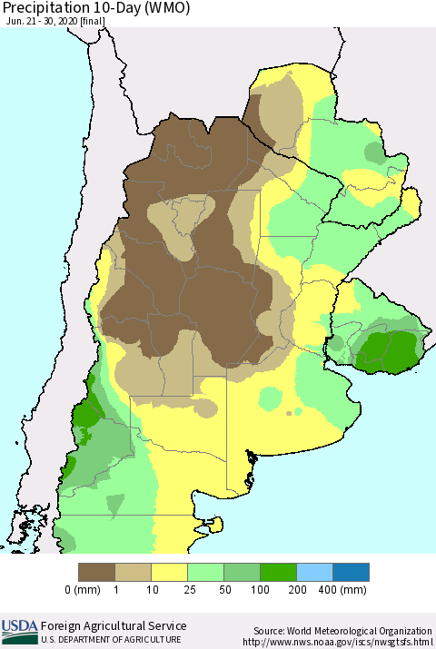 Southern South America Precipitation 10-Day (WMO) Thematic Map For 6/21/2020 - 6/30/2020