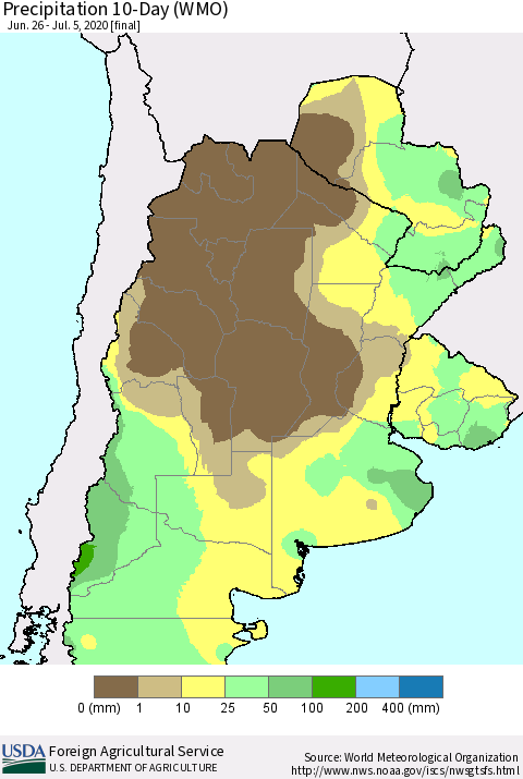 Southern South America Precipitation 10-Day (WMO) Thematic Map For 6/26/2020 - 7/5/2020