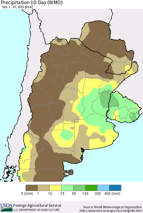 Southern South America Precipitation 10-Day (WMO) Thematic Map For 9/1/2020 - 9/10/2020