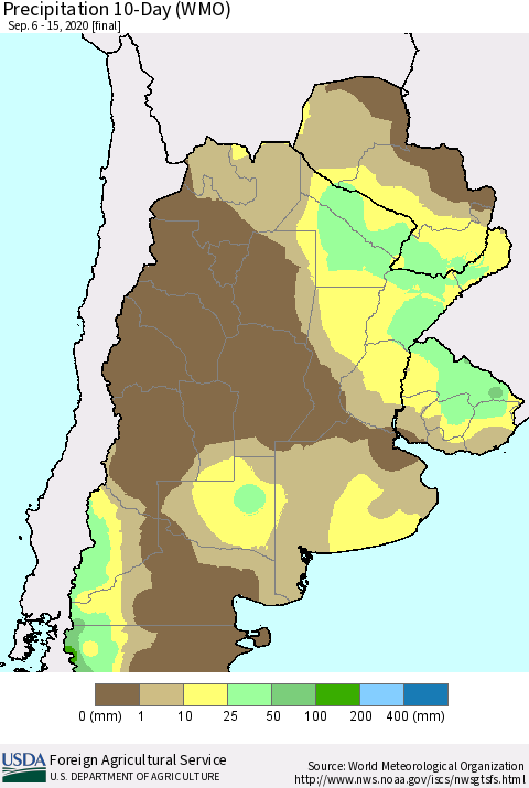 Southern South America Precipitation 10-Day (WMO) Thematic Map For 9/6/2020 - 9/15/2020