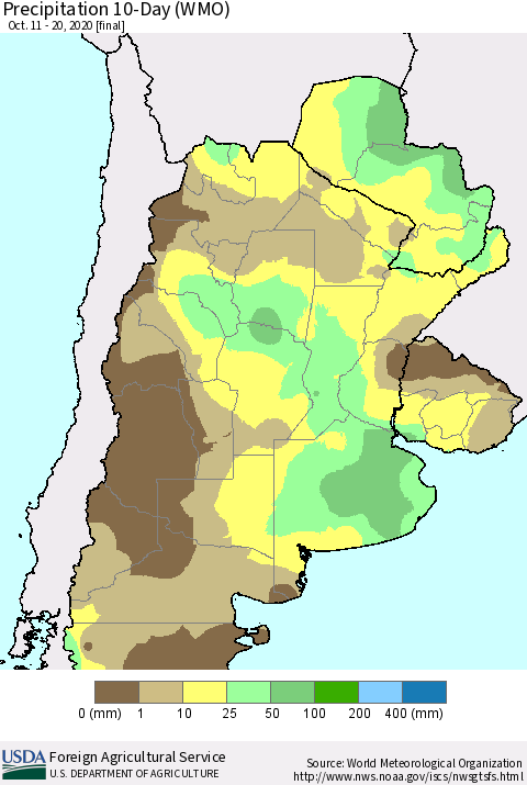 Southern South America Precipitation 10-Day (WMO) Thematic Map For 10/11/2020 - 10/20/2020