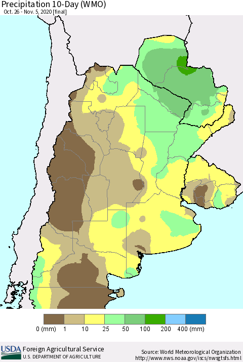 Southern South America Precipitation 10-Day (WMO) Thematic Map For 10/26/2020 - 11/5/2020