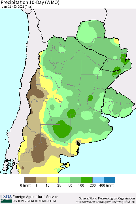 Southern South America Precipitation 10-Day (WMO) Thematic Map For 1/11/2021 - 1/20/2021
