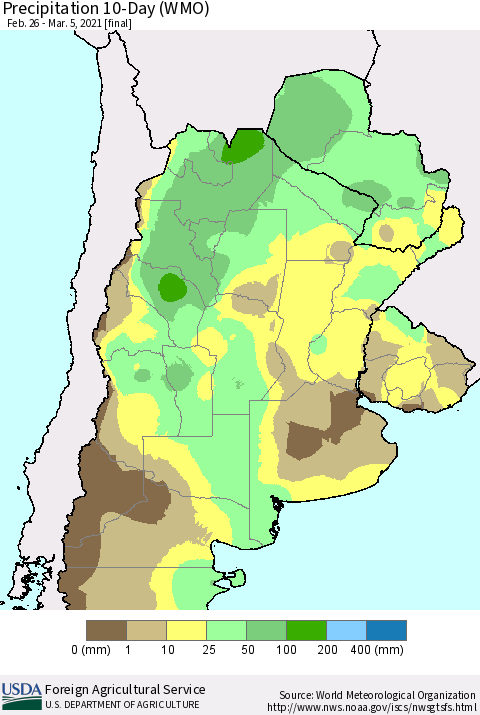 Southern South America Precipitation 10-Day (WMO) Thematic Map For 2/26/2021 - 3/5/2021