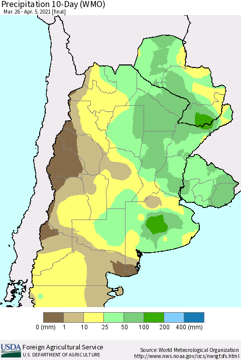 Southern South America Precipitation 10-Day (WMO) Thematic Map For 3/26/2021 - 4/5/2021