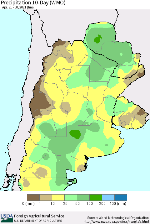 Southern South America Precipitation 10-Day (WMO) Thematic Map For 4/21/2021 - 4/30/2021