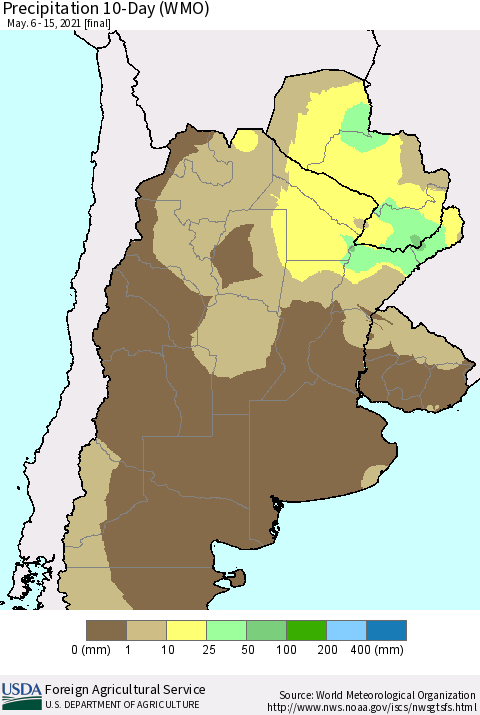 Southern South America Precipitation 10-Day (WMO) Thematic Map For 5/6/2021 - 5/15/2021