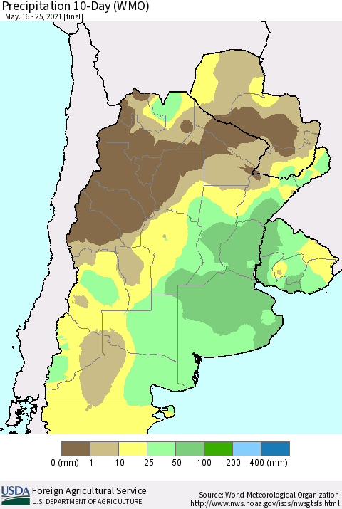 Southern South America Precipitation 10-Day (WMO) Thematic Map For 5/16/2021 - 5/25/2021