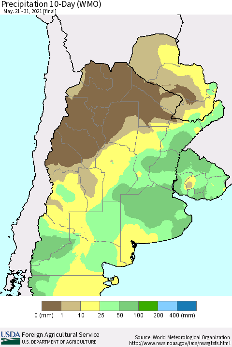Southern South America Precipitation 10-Day (WMO) Thematic Map For 5/21/2021 - 5/31/2021