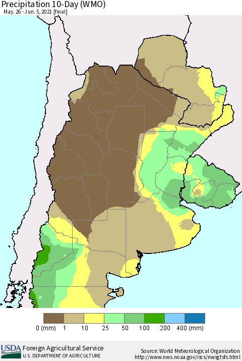 Southern South America Precipitation 10-Day (WMO) Thematic Map For 5/26/2021 - 6/5/2021