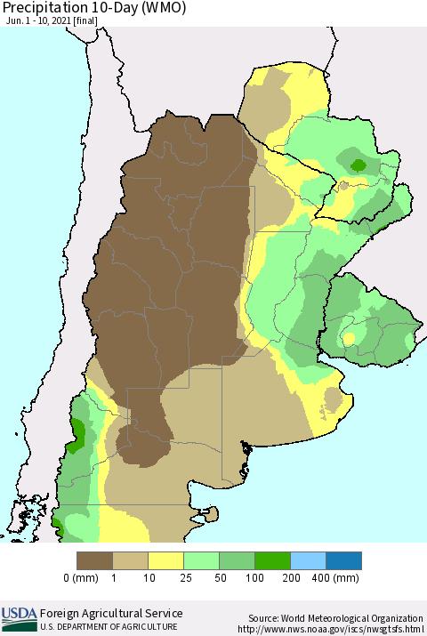 Southern South America Precipitation 10-Day (WMO) Thematic Map For 6/1/2021 - 6/10/2021