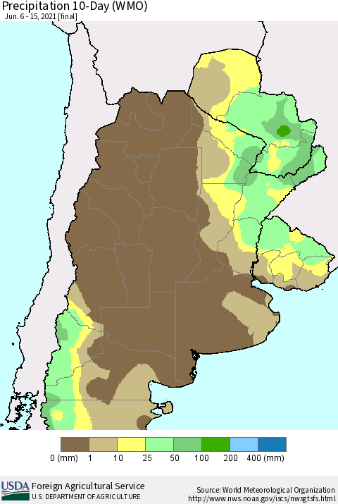 Southern South America Precipitation 10-Day (WMO) Thematic Map For 6/6/2021 - 6/15/2021