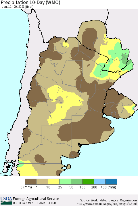 Southern South America Precipitation 10-Day (WMO) Thematic Map For 6/11/2021 - 6/20/2021