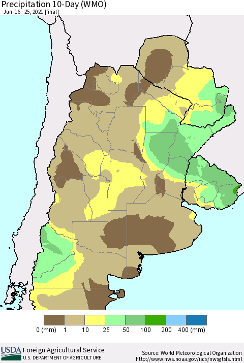 Southern South America Precipitation 10-Day (WMO) Thematic Map For 6/16/2021 - 6/25/2021