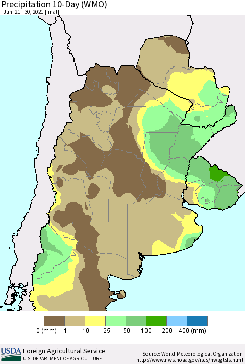 Southern South America Precipitation 10-Day (WMO) Thematic Map For 6/21/2021 - 6/30/2021