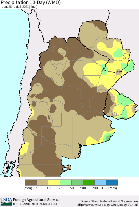 Southern South America Precipitation 10-Day (WMO) Thematic Map For 6/26/2021 - 7/5/2021