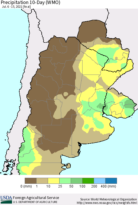 Southern South America Precipitation 10-Day (WMO) Thematic Map For 7/6/2021 - 7/15/2021