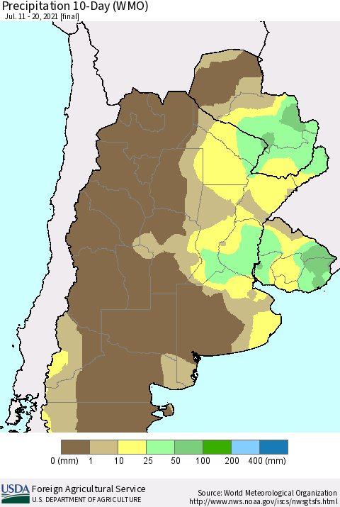Southern South America Precipitation 10-Day (WMO) Thematic Map For 7/11/2021 - 7/20/2021