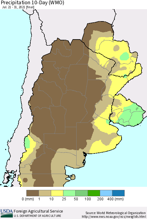Southern South America Precipitation 10-Day (WMO) Thematic Map For 7/21/2021 - 7/31/2021