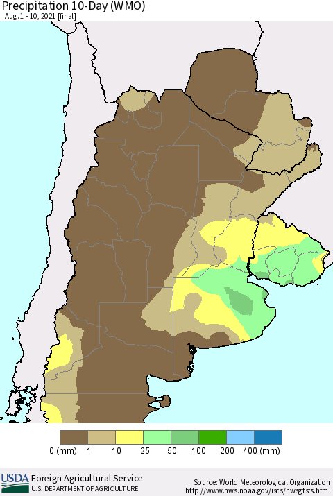 Southern South America Precipitation 10-Day (WMO) Thematic Map For 8/1/2021 - 8/10/2021